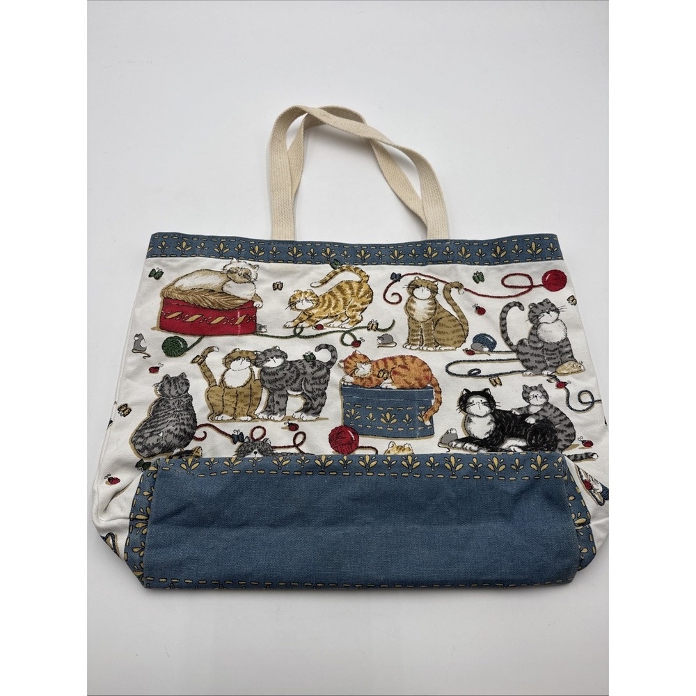 Deb Strain Fun Vintage Cat Large Tote Bag Double Handle Yarn Butterfly Ladybugs - Picture 9 of 11